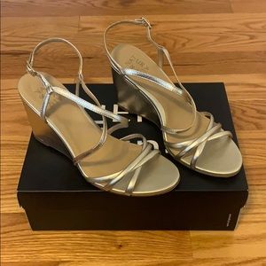 Naturalized champagne leather strap wedges